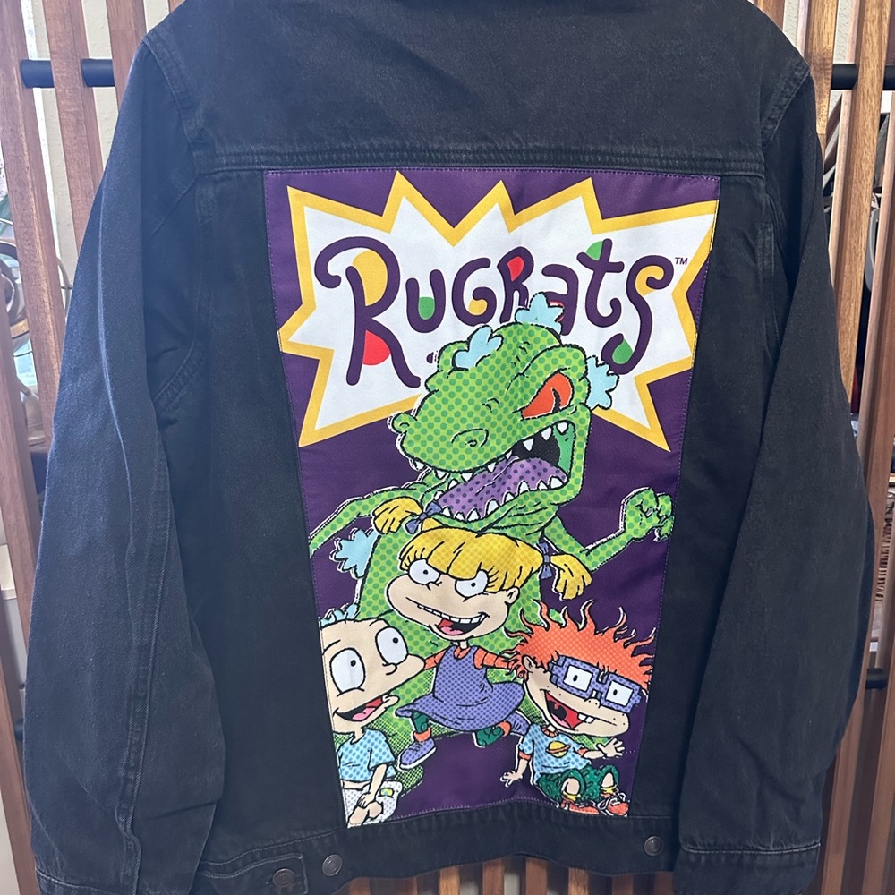Nickelodeon Black Jean Jacket with Purple Rugrats 90s Cartoon Back Panel